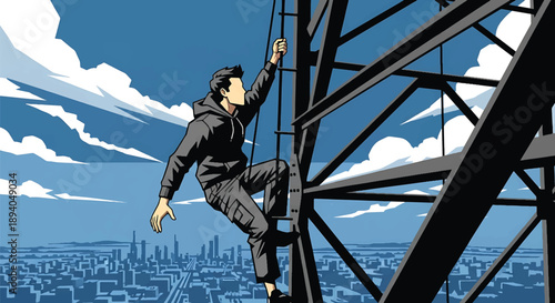 Young man climbing a tall steel structure above city streets, modern vector illustration representing fearless urban exploration and extreme height challenge