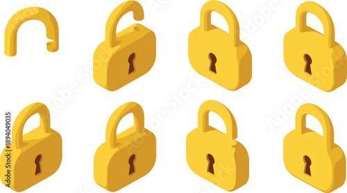 Isometric Golden Padlock Icon Set Showing Locked and Unlocked States for Security, Privacy, Protection, and Access Control in Apps and Web Design