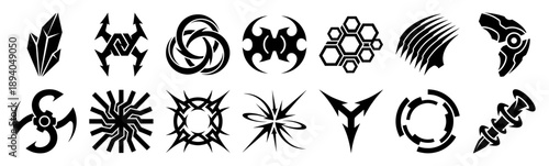 Minimalist Sci-Fi Tech Symbols and Cyberpunk Tribal Sigil Element Kit for UI Game Interface Design