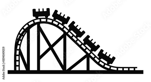 A striking black and white illustration depicts a thrilling rollercoaster ascending and descending a steep track presented as a silhouette high quality