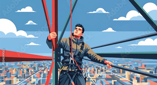 Young man climbing a tall steel structure above city streets, modern vector illustration representing fearless urban exploration and extreme height challenge