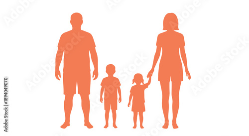 Orange silhouette of a family unit including mother father and two young children standing together