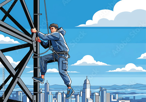 Young man climbing a tall steel structure above city streets, modern vector illustration representing fearless urban exploration and extreme height challenge