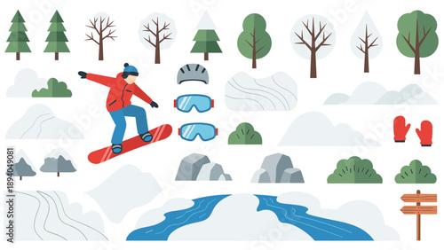 Winter adventure elements: snowboarding, nature icons, and outdoor gear in flat design