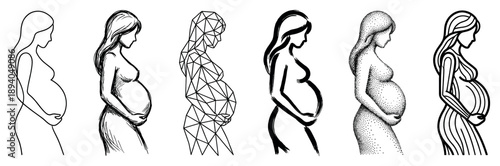 Six different artistic illustrations of a pregnant woman's silhouette, showcasing various styles like line art, sketch, geometric, brush stroke, pointillism, and contour