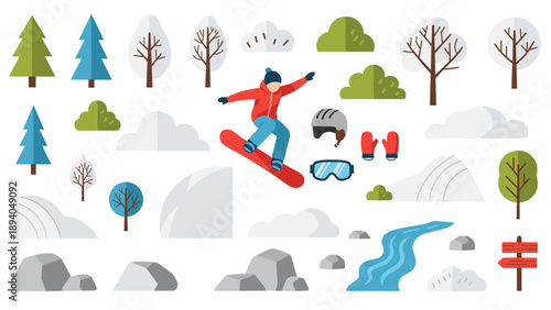 Winter sports and nature elements in flat design for creative projects