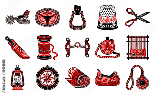 Vintage Paisley Engraving Western Cowboy Element Kit for Rustic Americana and Equestrian Craft Design