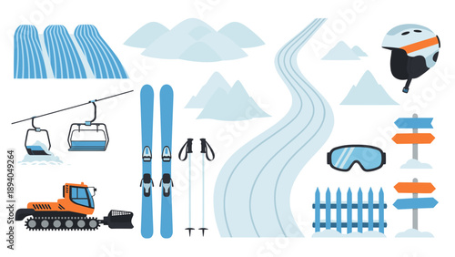 Winter ski elements collection with equipment and mountain scenery in flat design