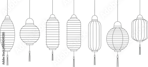 Tableau sur toile Traditional Hanging Paper Lantern Icon Set with Asian Festival, Decorative Light