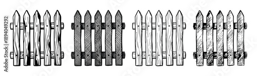 Set of four hand-drawn wooden picket fences in a rustic black and white sketch style, showcasing different textures and wood grain details for a vintage, graphic look