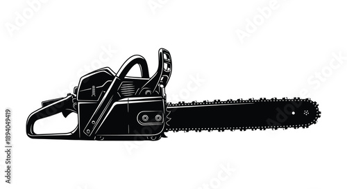 A detailed black and white illustration showcases a gas powered chainsaw highlighting its intricate mechanical design as a silhouette high quality professional modern