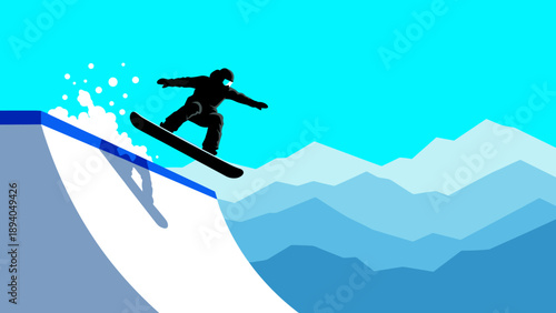Snowboard silhouette jumping against mountain backdrop with blue sky