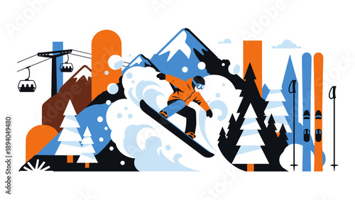 Snowboarding adventure in vibrant mountain landscape with dynamic winter sports scene