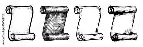 Set of four hand-drawn vintage scrolls with different textures in a black and white engraving style, representing ancient manuscripts, historical documents, or fantasy maps