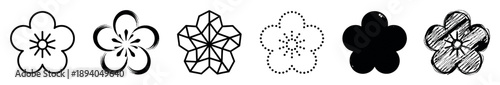 Set of six black plum blossom icons presented in various artistic styles including line art, brush stroke, geometric, dotted, silhouette, and hand-drawn sketch for design elements