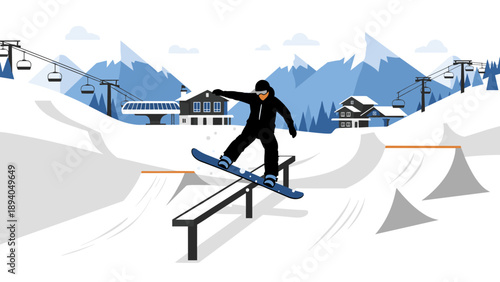 Snowboarder performing trick on rail in winter ski resort scene