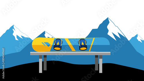 Blue and yellow snowboard on stand with snowy mountain backdrop