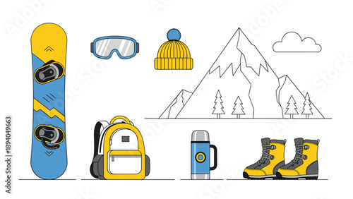 Winter adventure gear with flat design elements for ski and snowboard enthusiasts