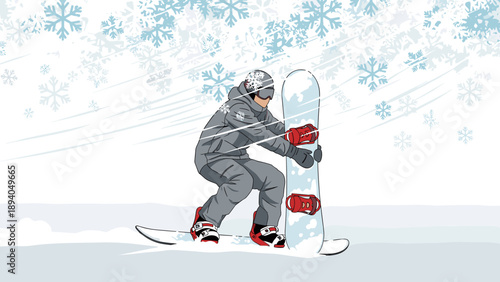 Snowboarder in motion with falling snowflakes in a dynamic winter scene