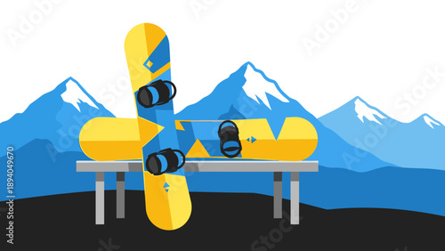 Colorful snowboards on display with majestic mountain background