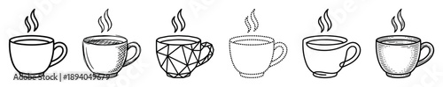 Collection of six hand-drawn coffee cups in various artistic styles including sketch, geometric, and dotted line art, each with steam rising from the hot beverage