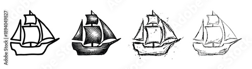 Four hand-drawn illustrations of a vintage sailing ship presented in a row, showcasing different graphic styles like simple contour, classic etching, distressed grunge, and a quick sketch