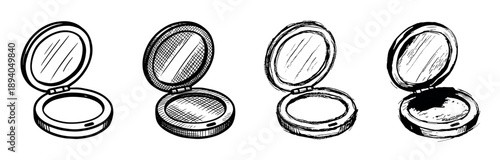 Four hand-drawn cosmetic compact powder cases with mirrors are illustrated in a row, showcasing different black ink sketch and crosshatching styles from simple to detailed