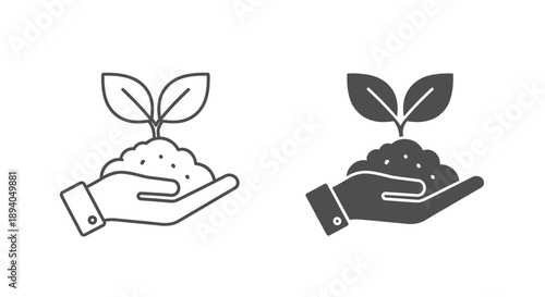 Two stylized icons depicting a hand carefully holding fresh soil with a small sprouting plant seedling