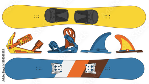 Colorful flat snowboard and surfboard equipment design elements