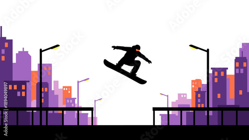 Urban night snowboarding silhouette with cityscape in the background