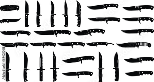 Knife silhouettes collection, tactical hunting and kitchen blades set, sharp weapon vector illustration, black steel knife design elements pack