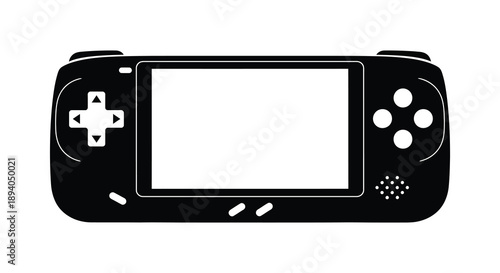 A stark black silhouette of a handheld gaming console with directional pad and buttons displaying a blank screen silhouette