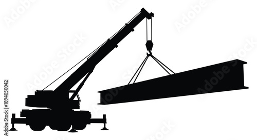 A striking black silhouette depicts a mobile crane lifting a heavy steel girder showcasing industrial power and precision silhouette