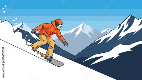 Snowboarder in action on mountain slope in vibrant graphic style