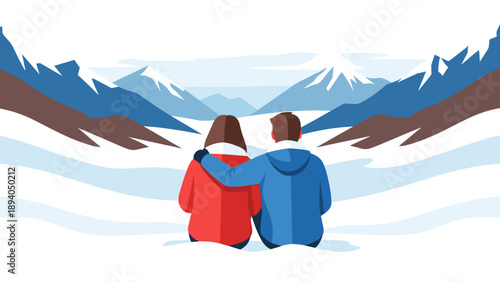 Couple enjoying winter mountain view in minimalist landscape