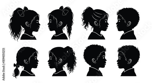 Collection of diverse child profile silhouettes showing various hairstyles for young girls and boys