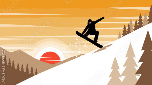 Dynamic snowboarder silhouette at sunset in the mountains