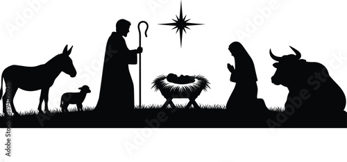 Nativity scene with baby Jesus, Mary, Joseph, animals, Bethlehem star, stable silhouette, Christian Christmas illustration, religious theme, flat vector