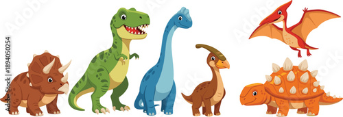 Cute Cartoon Dinosaur Character Set Featuring Tyrannosaurus Rex, Triceratops, Brachiosaurus, and Pterodactyl Illustrations for Kids Educational Projects, Stickers, and Children's Graphic Design