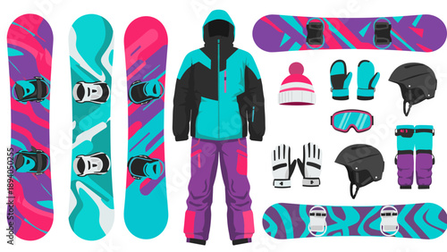 Colorful winter sports gear collection with snowboards and clothing