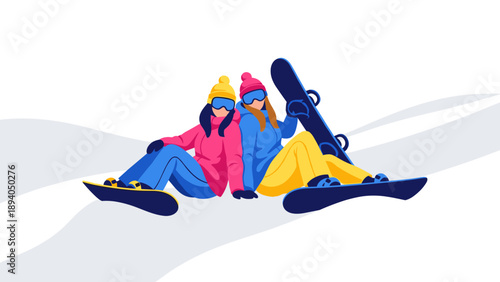 Colorful winter adventure: snowboarders resting on slopes in minimalist design