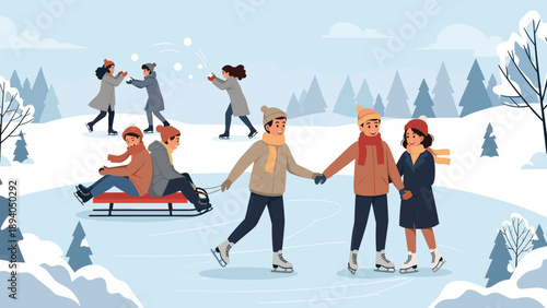 Winter fun with ice skating and snowball fights in a scenic snowy park