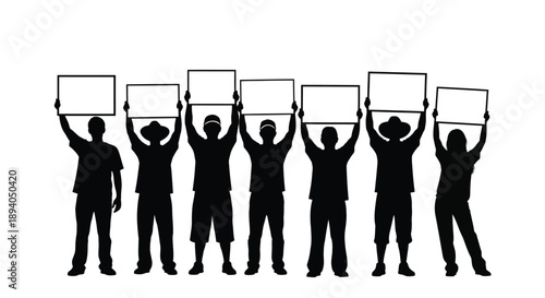 Group of diverse people silhouettes holding blank protest signs high above their heads