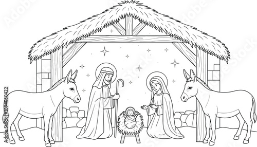 Nativity scene with baby Jesus, Mary, Joseph, donkeys, stable, Bethlehem star, religious Christmas illustration, black line drawing, flat vector