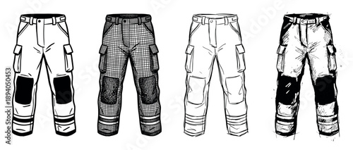 Four pairs of black and white workwear trousers with cargo pockets and knee pads are shown in different hand-drawn illustration styles, from clean line art to a rough sketch
