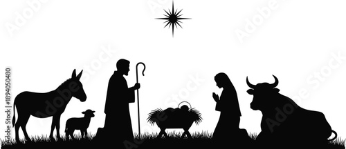 Nativity scene with baby Jesus, Mary, Joseph, shepherd, animals, Bethlehem star, religious Christmas illustration, black silhouette design, flat vector