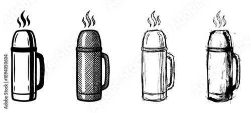 Set of four hand-drawn thermos flasks with steam rising, illustrated in various black and white sketch styles including clean lines, cross-hatching, and rough grunge textures