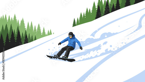 Winter adventure: snowboarder carving through fresh powder in mountain setting