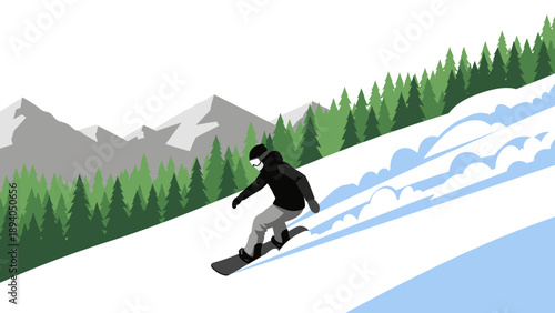 Snowboarder carving down mountain slope amidst pine trees and snowy peaks