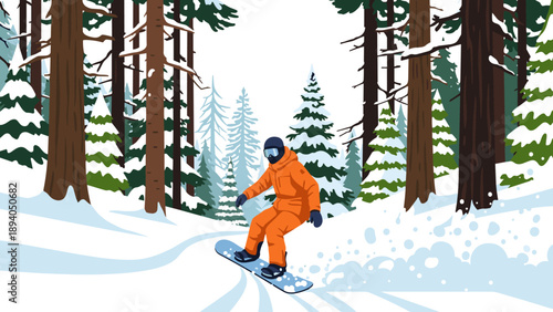Snowboarding adventure in winter forest with snowy trees